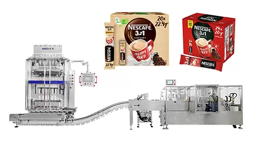 Coffee stick pack with cartoning line