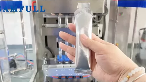 Irregular liquid stick pack with bottle shape easy tear notch 