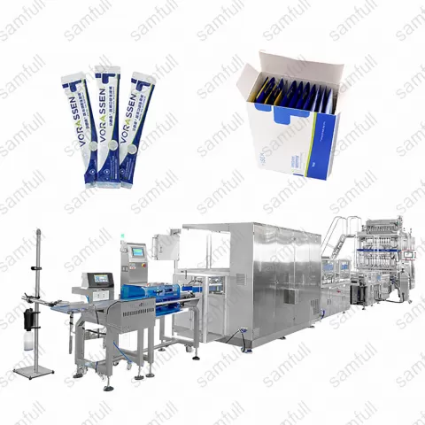 High-End Liquid Stick Pack Collation, Alignment & Cartoning Line for Pharmaceutical and Nutraceutical Products